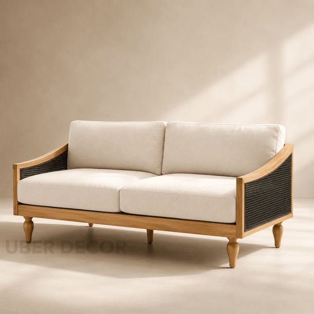 Fermo Rustic Modern Cane-Panel Wooden Sofa – front view with sloped arms and cane panels for living room India