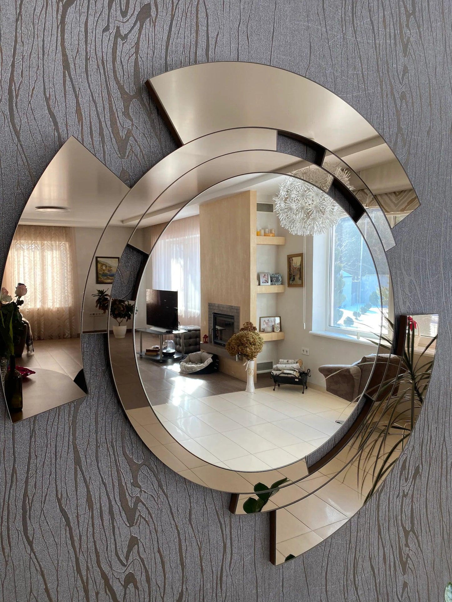 Cassandra's Radiance: Sleek Abstract Round Designer Luxury Decorative Mirror for Dressing Table