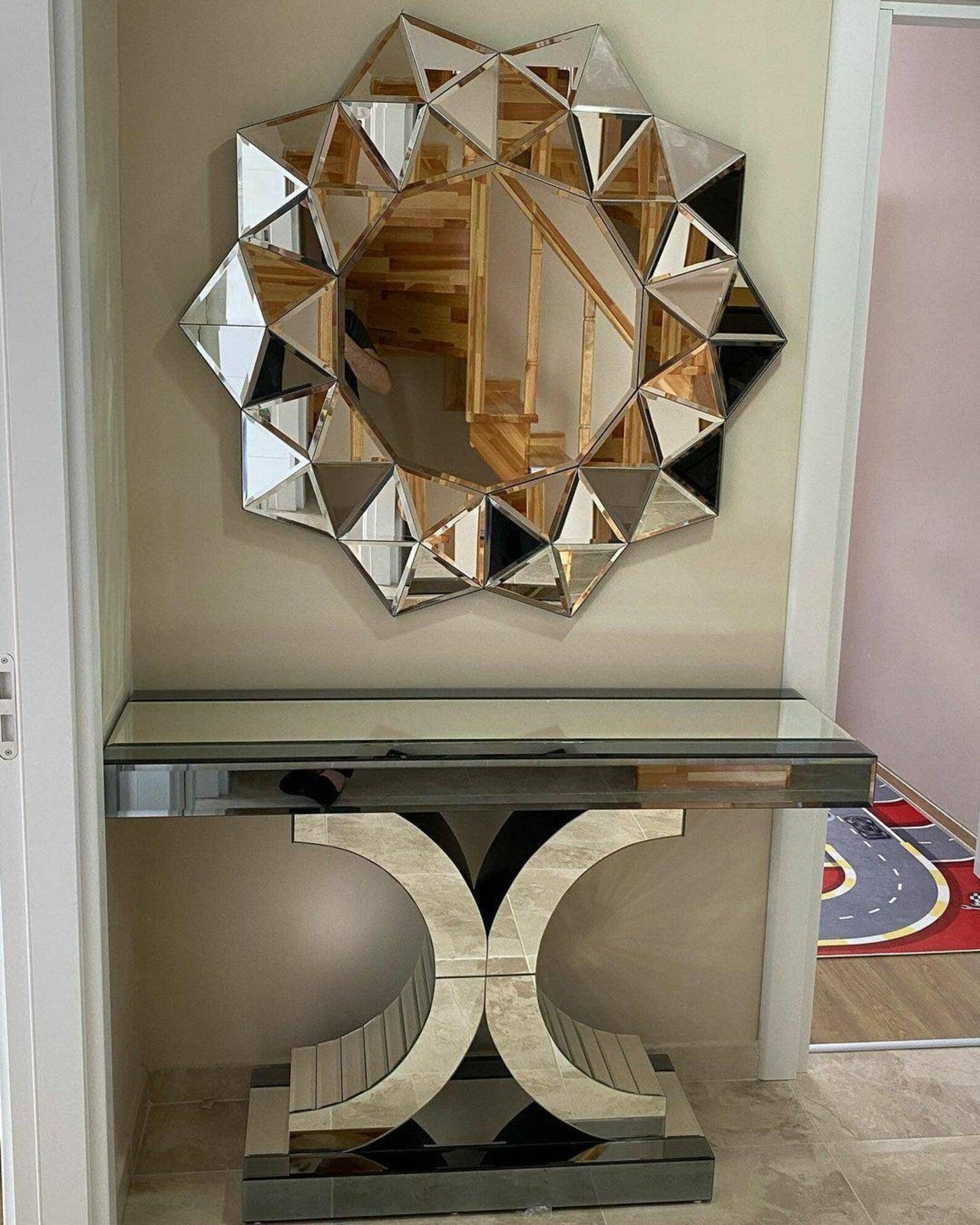 Demeter's Gleam: Venetian Pyramid Round Decorative Beveled Glass Mirror for Console Table