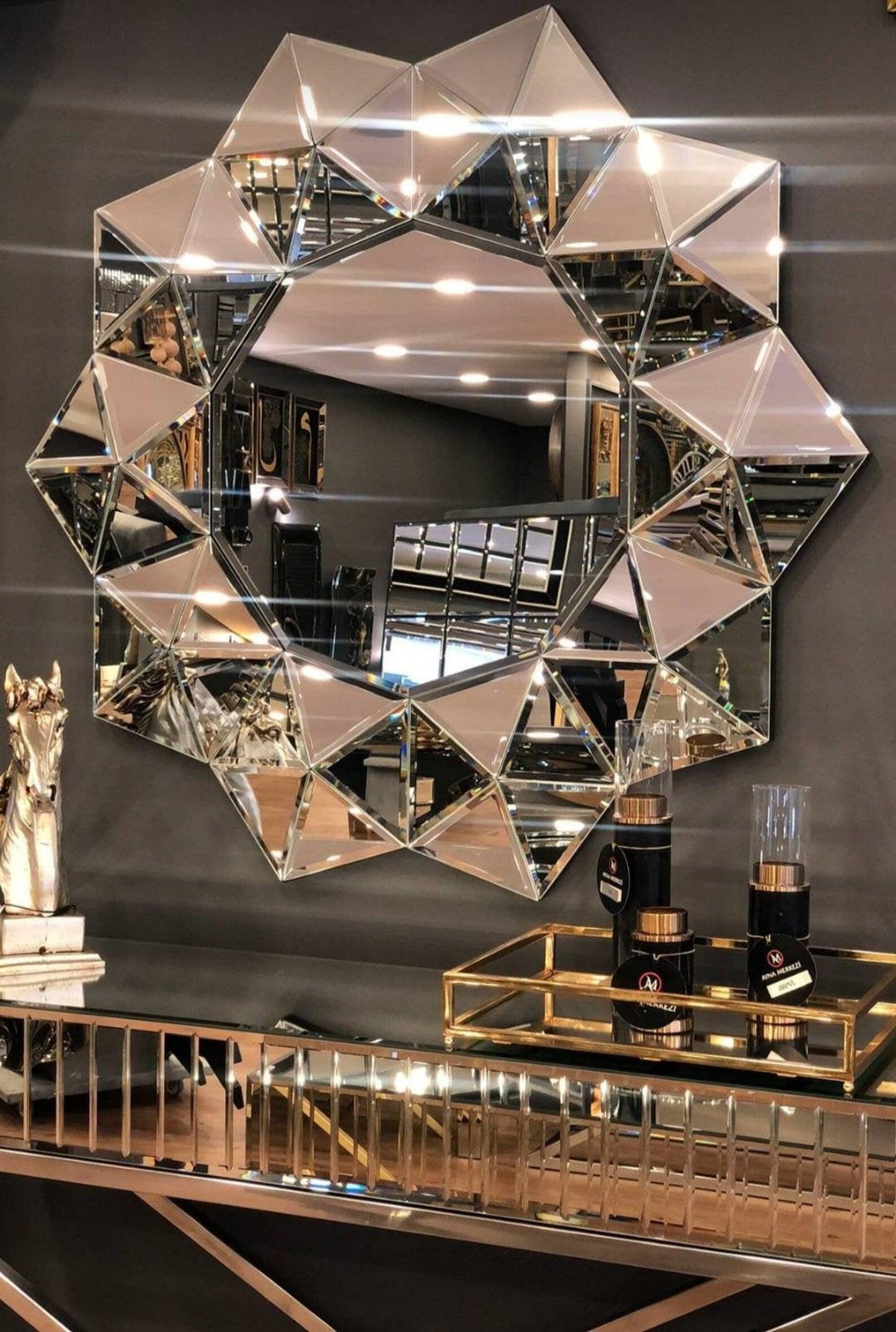 Demeter's Gleam: Venetian Pyramid Round Decorative Beveled Glass Mirror for Console Table