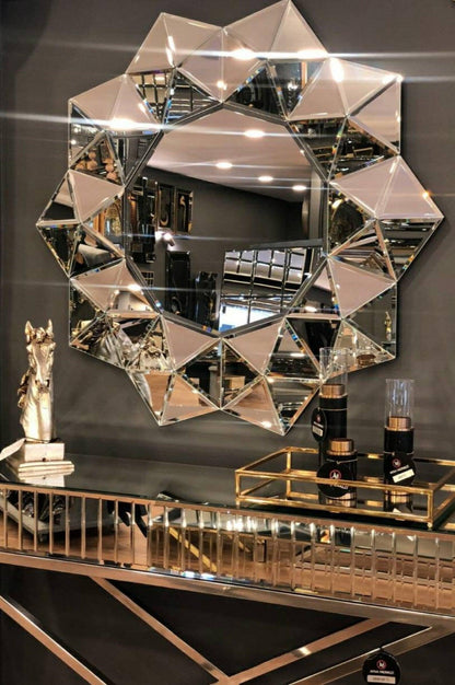 Demeter's Gleam: Venetian Pyramid Round Decorative Beveled Glass Mirror for Console Table