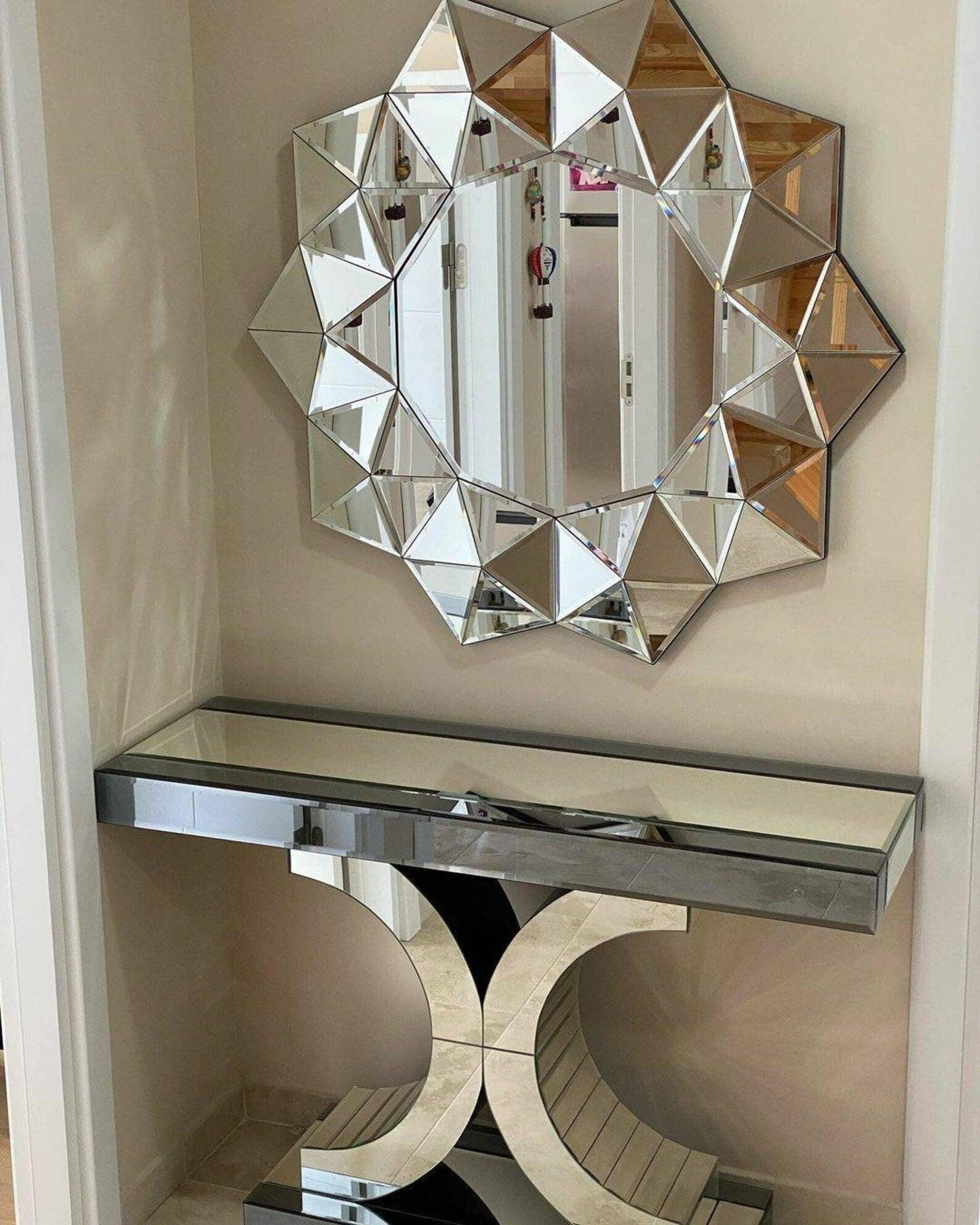 Demeter's Gleam: Venetian Pyramid Round Decorative Beveled Glass Mirror for Console Table