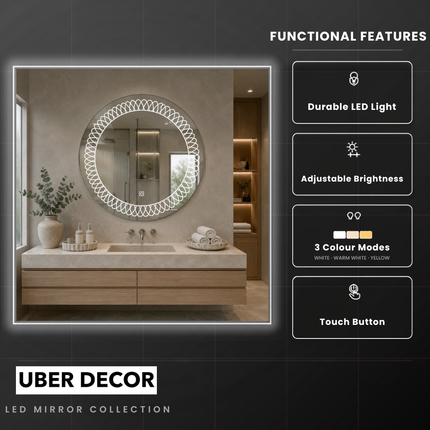 Luminatex round design front-lit or backlit led mirror- 3-colour touch button frameless bathroom vanity mirror
