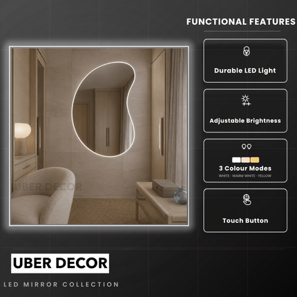 Solis Sculptural LED Wall Mirror in Frameless Design with Front or Back Lit for Vanity Bedroom and Modern Interiors