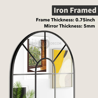 Old World Charm Arched Wall Mirror – Metal Window Mirror Full Length Mirror for Living Room & Entryway Accent