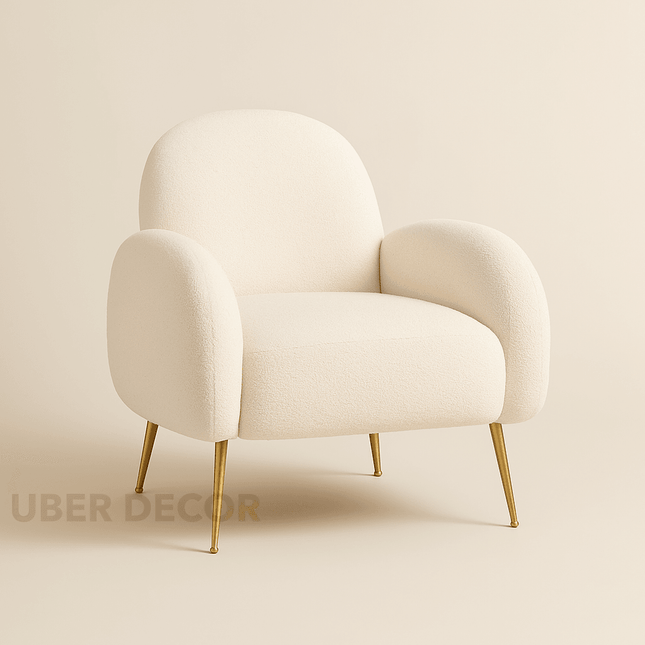Reysha Cozy Boucle Accent Chair – Curvy White Sherpa Upholstered Single Arm Chair with Golden Legs