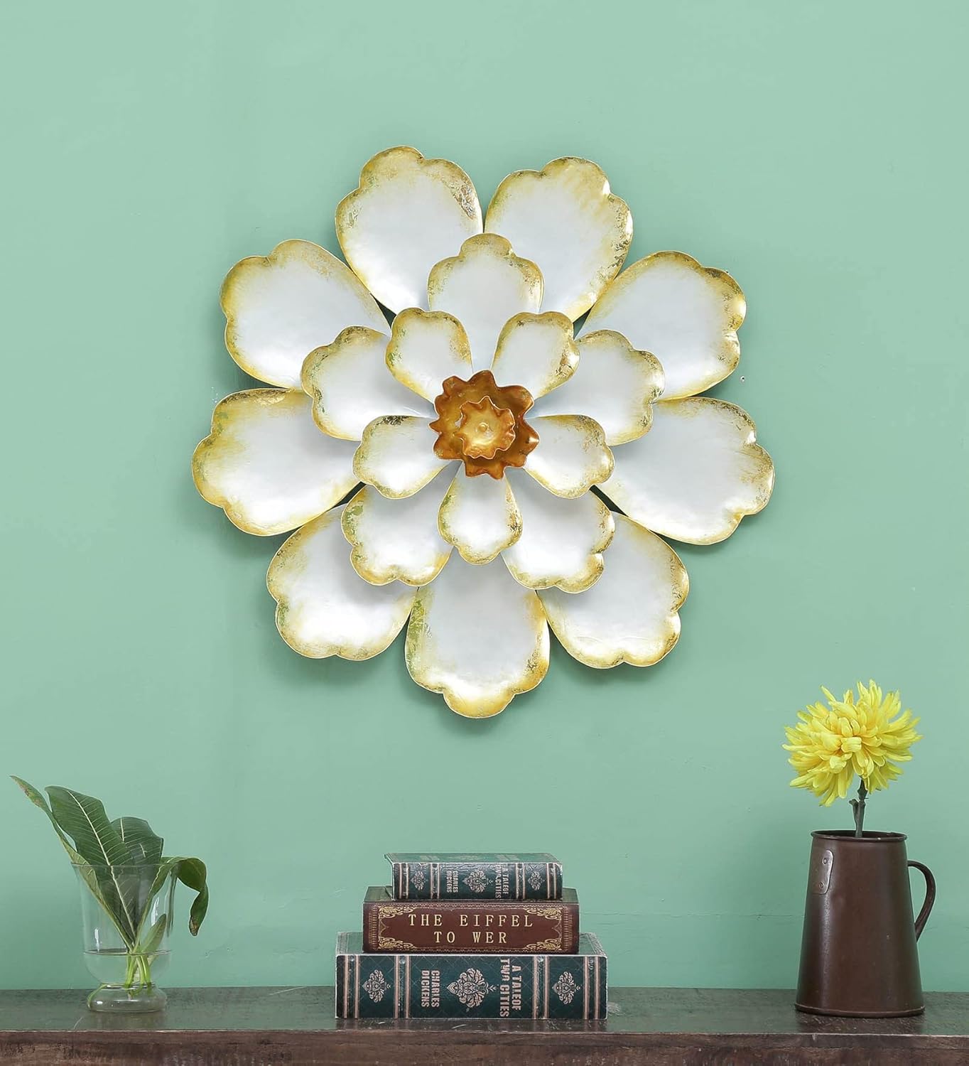 Decorative White and Gold Flower Distressed Wall Decor Metal Wall Art