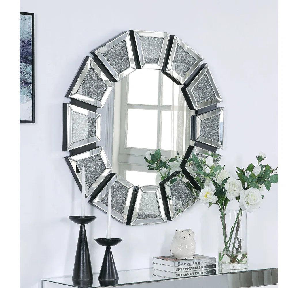 Aphrodite's Gleam: Round Crushed Glass Diamond Crystal Decorative Mirror for Vanity or Console