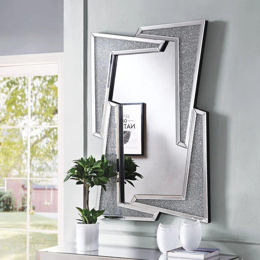 Hestia's Radiance: Angled Silver Crushed Glass Diamond Crystal Mirror for Bedroom or Living Room