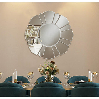 Persephone's Glow: Round Sunflower Venetian Modern Decorative Bevelled Glass Accent Wall Mirror