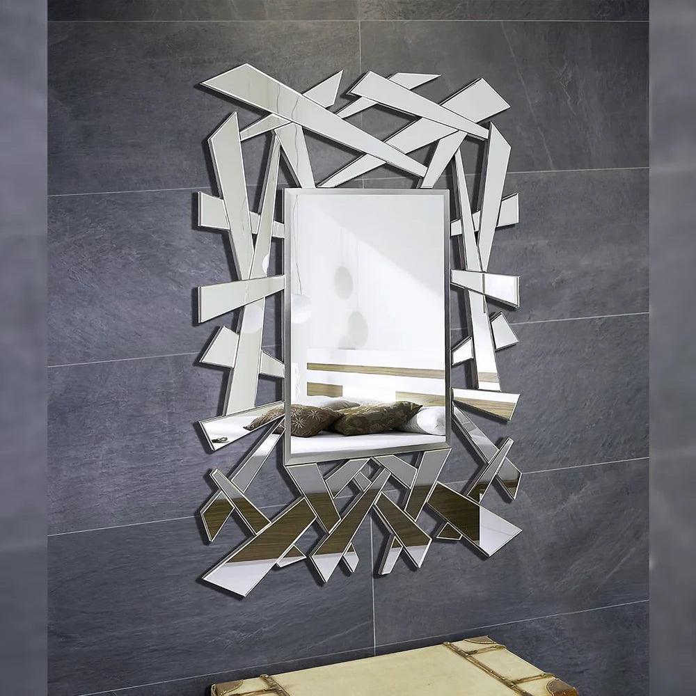 Nyx's Gleam: ZigZag Rectangle Abstract Design Modern Decorative Silver Glass Mirror for Home