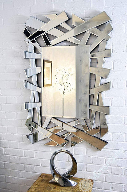 Nyx's Gleam: ZigZag Rectangle Abstract Design Modern Decorative Silver Glass Mirror for Home