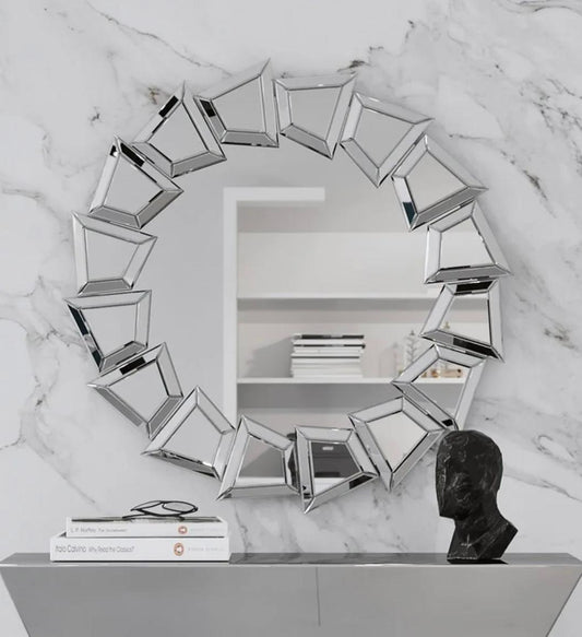 Helios' Shine: Round Spiral Bevelled Glass Decorative Mirror for Console or Bathroom