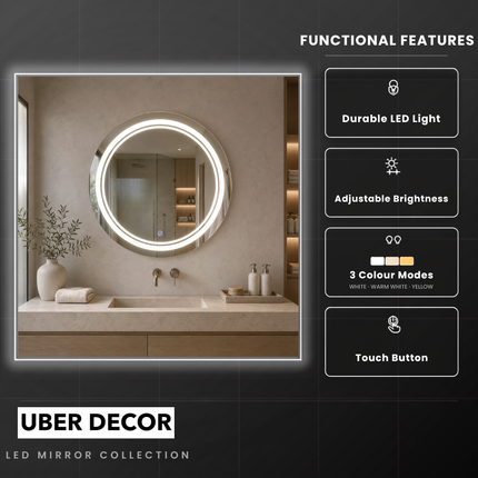 Reflecia Round Cirlce Design led mirror front or back lit  touch button frameless bathroom vanity mirror