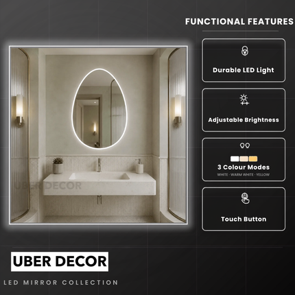 Ova Oval Shape Frameless LED Wall Mirror with Front or Back Lit for Bathroom Vanity and Modern Dressing Spaces