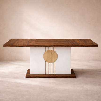 Corda Dining Table Sculptural Central Base Design Mid Century Modern European Inspired Solid Wood Dining Table for Dining Room and Formal Dining Hall