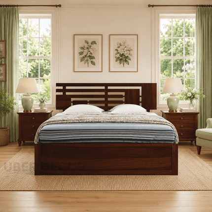 Woodline Storage Bed – Solid Wood Frame with Geometric Headboard