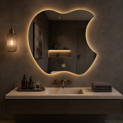 Miravelle Apple-Shaped Frameless Front or Backlit LED Mirror For Bathroom Vanity or Makeup Room