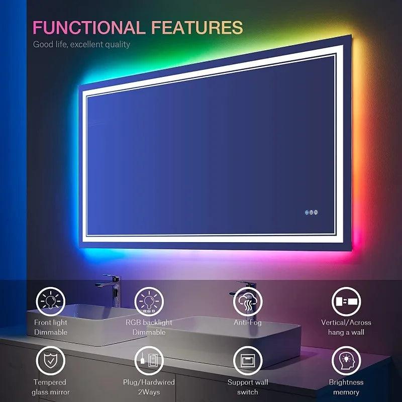 LumiFlex LED Mirror- Rectangle Shape Aluminium Framed LED Mirror with Touch Button & Multicolour RGB Backlight