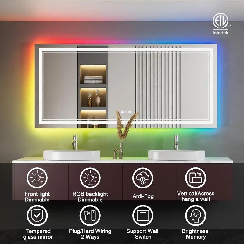 Coloris LED Mirror- Rectangle Shape Aluminium Framed LED Mirror with Touch Button & Multicolour RGB Backlight