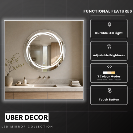 Vividra round led mirror- 3-colour touch button backlit or frontlit frameless bathroom vanity mirror