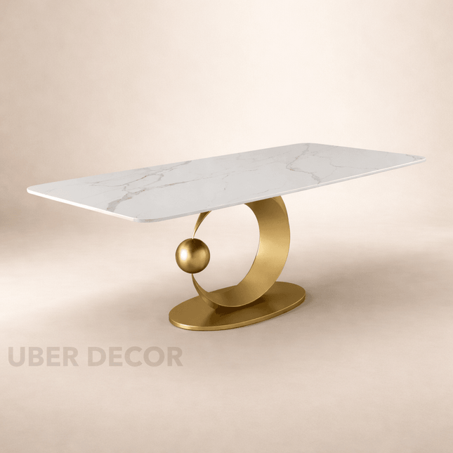 Hearthgold Embrace Luxury Marble Finish Dining Table with Sculptural Gold Metal Base Modern European Contemporary Design for Formal Dining Room