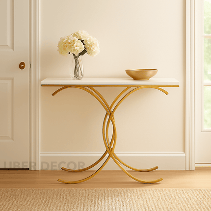 Orion Loop Display Table – Customizable Marble Top with Interlocking Gold Arch Base | Mid‑Century Modern Accent