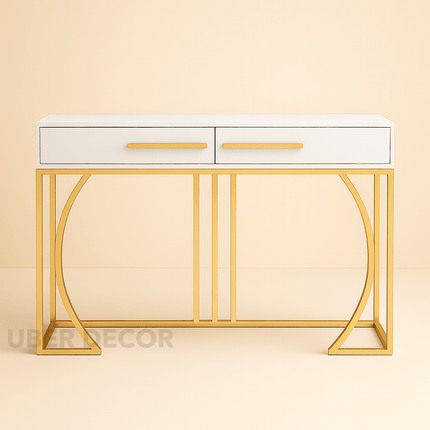 Creston Arc Display Table – White Drawer Top with Gold Sculptural Arch Base Mid‑Century Modern Accent