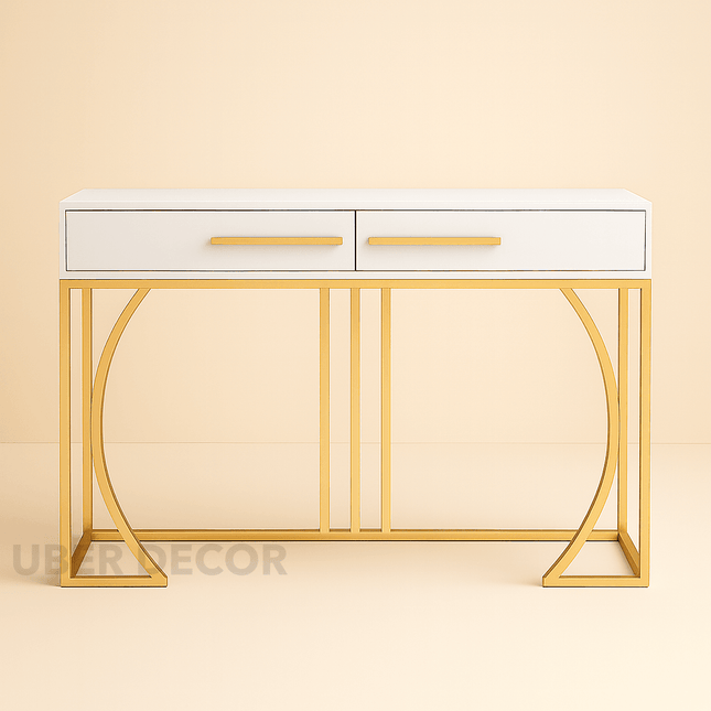 Creston Arc Display Table – White Drawer Top with Gold Sculptural Arch Base Mid‑Century Modern Accent