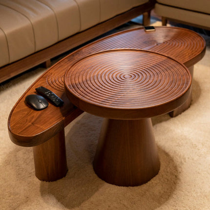 Logone solid wood tiered coffee table with circular carved top mid century Japandi design for drawing room and sitting area