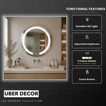 Glowith round led mirror- 3-colour touch button front-lit or backlit frameless bathroom vanity mirror