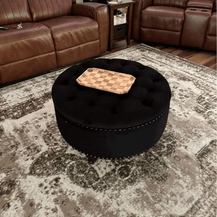 VelvetTuft- Tufted Velvet Plushy Round Storage Ottoman - Upholstered with Button Tufting & Removable Lid, Wood Legs