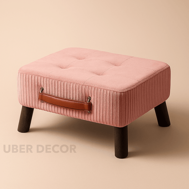 VelvetLift Small Foot Stool Ottoman - Stylish Rectangle Footrest with Handle & Wood Legs - Ideal Bedside Step Stool