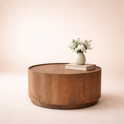 Argun Round Coffee Table Modern Minimal Contemporary Coastal Inspired Designer Center Table Custom Finish Drum Table for Relaxed Seating Area