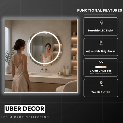 Illumina circle round led mirror- front-lit or backlit touch button frameless bathroom vanity mirror