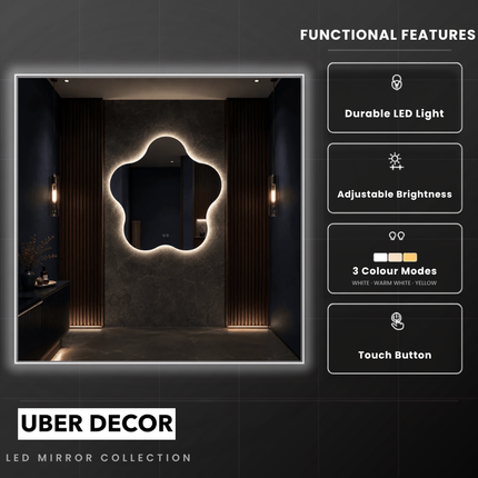 Petunia Floral LED Wall Mirror with Frameless Wall Hanging Front or Back Lit for Bathroom Vanity and Modern Interiors