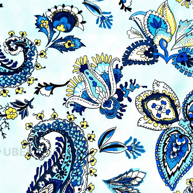 Istanbel Martar - Blue Breeze Botanical Printed Suede Upholstery Fabric- Blue Royale Paisley