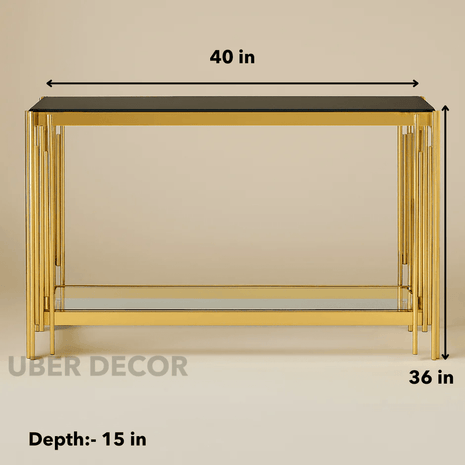 VerreLine Mid-Century Modern Console Table – Dual Glass Tier Display with Sculptural Gold Base for Living Room or Hallway - Uber Decor