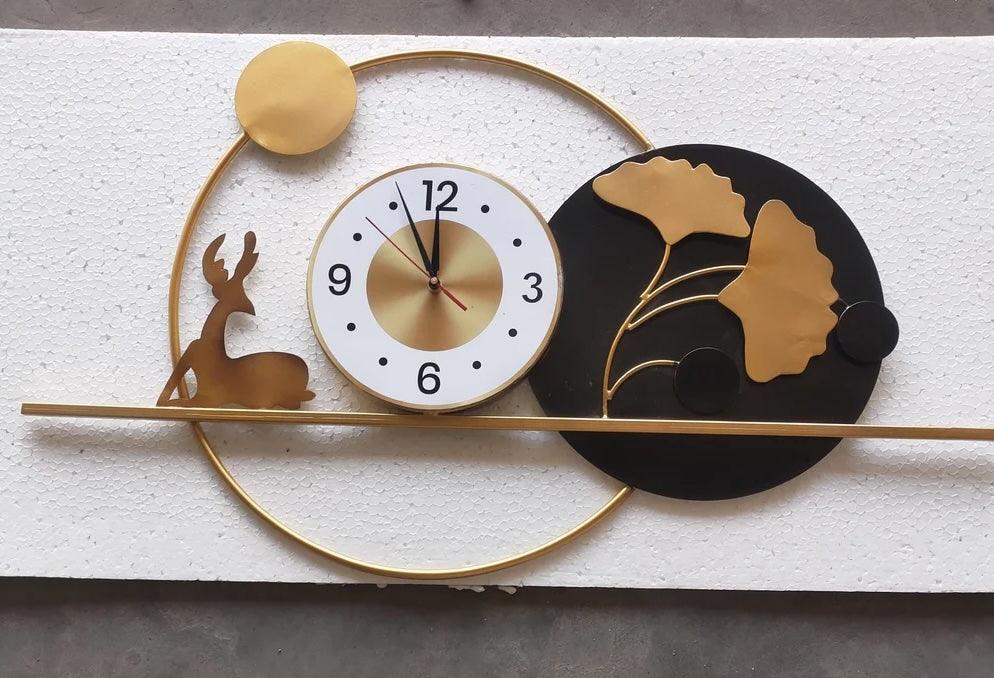 Aevum Modern Decorative White Black Gold Floral Deer Metal Wall Clock