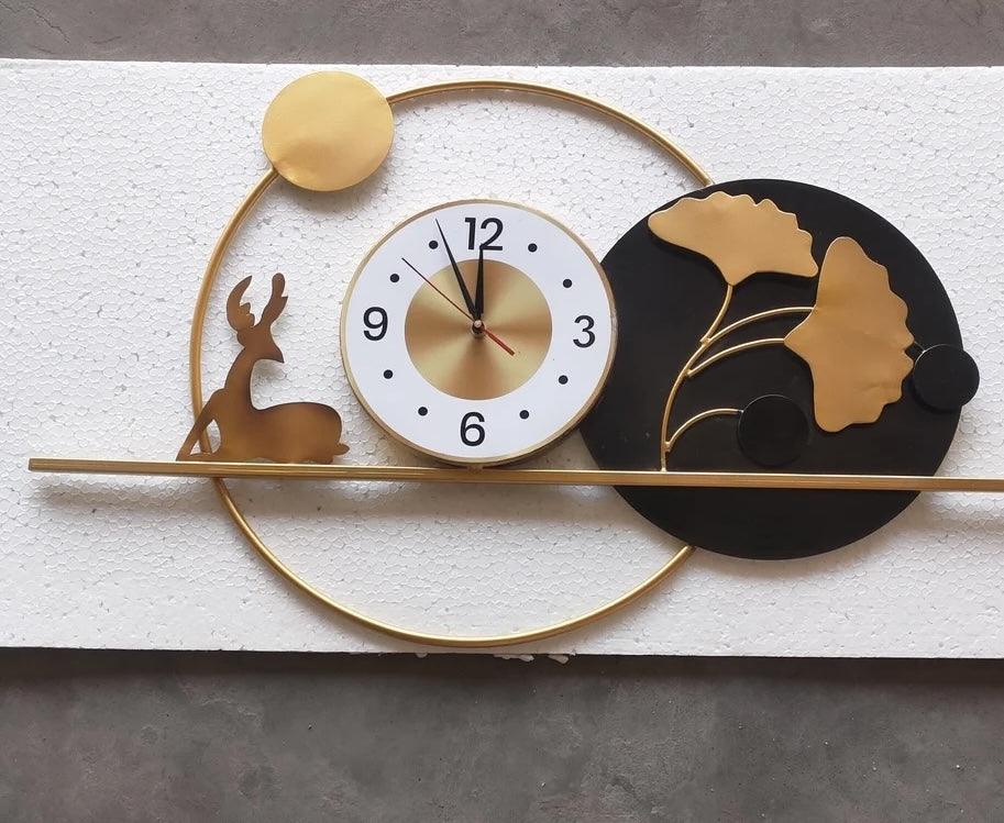 Aevum Modern Decorative White Black Gold Floral Deer Metal Wall Clock