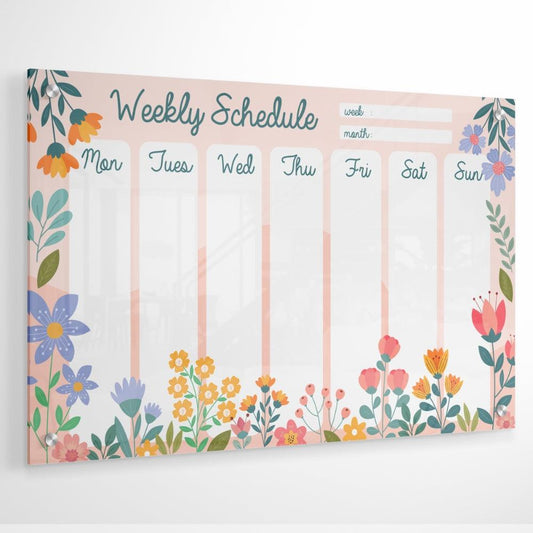 Cutesy Floral Weekly Planner Glass Writing Board- Printed Acrylic Wall Planner