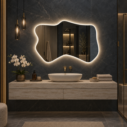 Wello Frameless Wavy LED Mirror for Bathroom Wall and Double Sink Area with Front or Back Lit