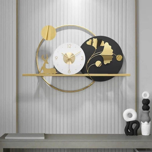 Aevum Modern Decorative White Black Gold Floral Deer Metal Wall Clock