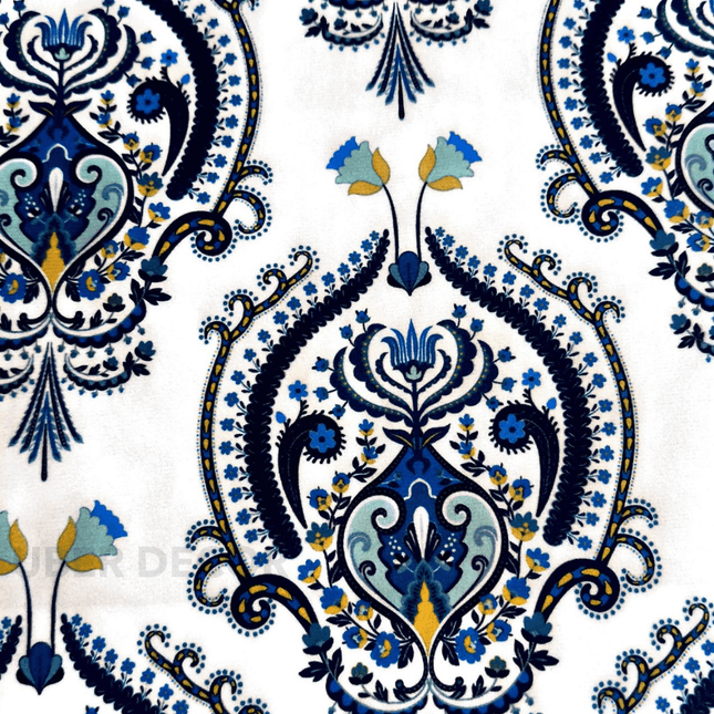 Istanbel Martar - Heritage Blue Mughal Printed Suede Upholstery Fabric- Royal Blue Mughal Medallion