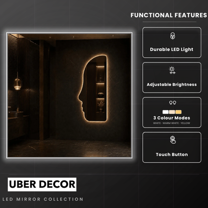 Persona Face Silhouette Frameless LED Wall Mirror with Front or Back Lit for Bedroom Vanity and Modern Interiors