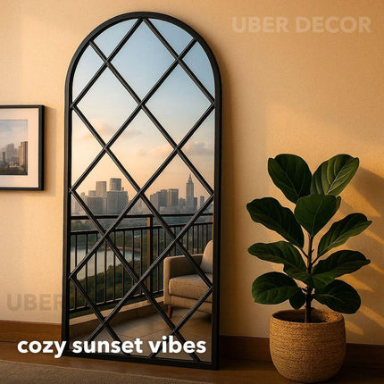 BevelCrest- Decorative French Country Window Grid Style Full Length Arched Wall Mirror for Living Room