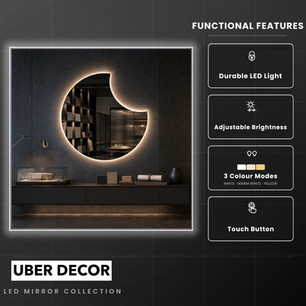 Crescent Moon LED mirror- 3-colour Backlit or front-lit Touch Button LED Frameless Bathroom Vanity Mirror