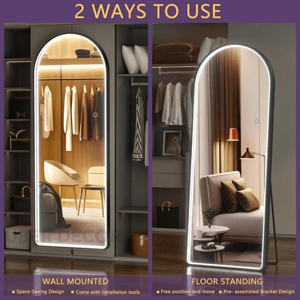 LED Arch - Arched Shape Aluminium Framed LED Full Length Mirror with Touch Button 3 Colour Changing Mode and Stand