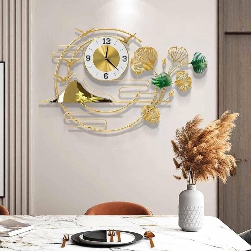 Chronos Elegant White and Gold Metal Wall Art Clock with Floral Design