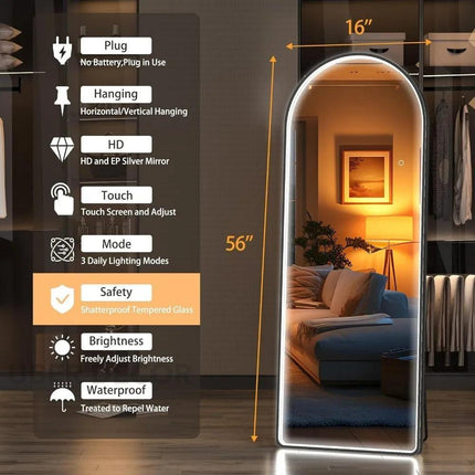 LED Arch - Arched Shape Aluminium Framed LED Full Length Mirror with Touch Button 3 Colour Changing Mode and Stand